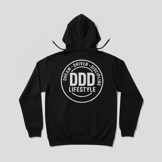 Black zip-up hoodie with white DDD Lifestyle logo on back