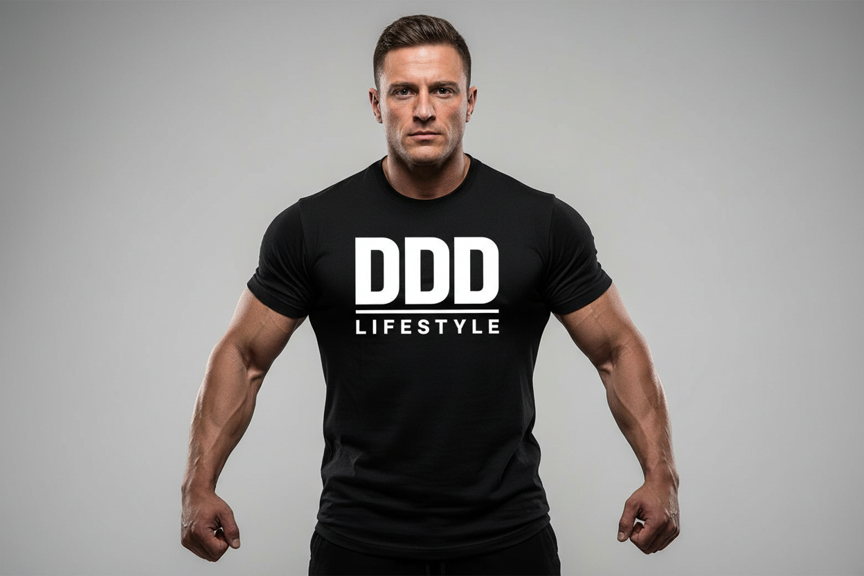 Bodybuilder wearing black DDD Lifestyle t-shirt with white logo
