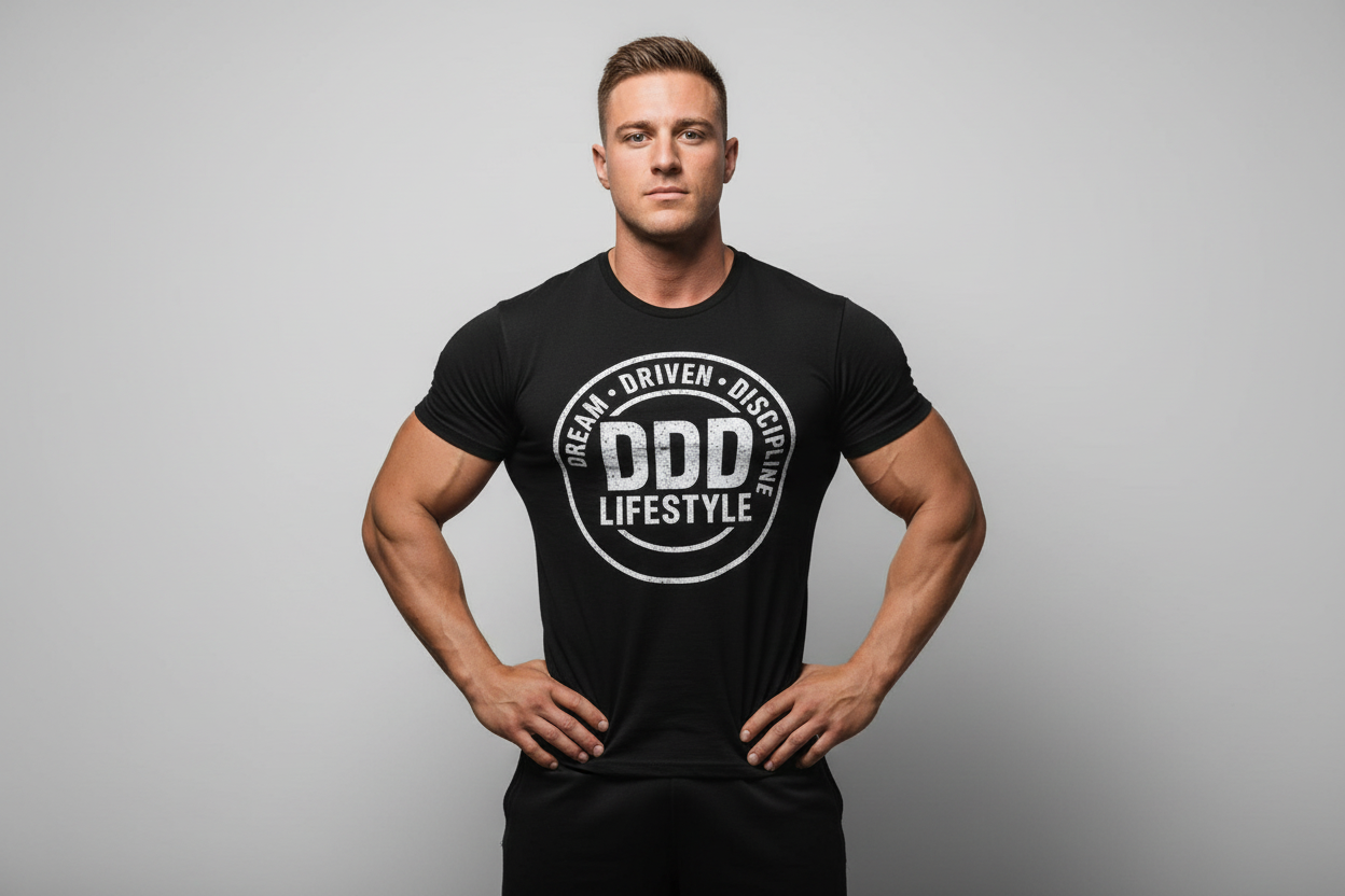 Bodybuilder wearing DDD Lifestyle shirt